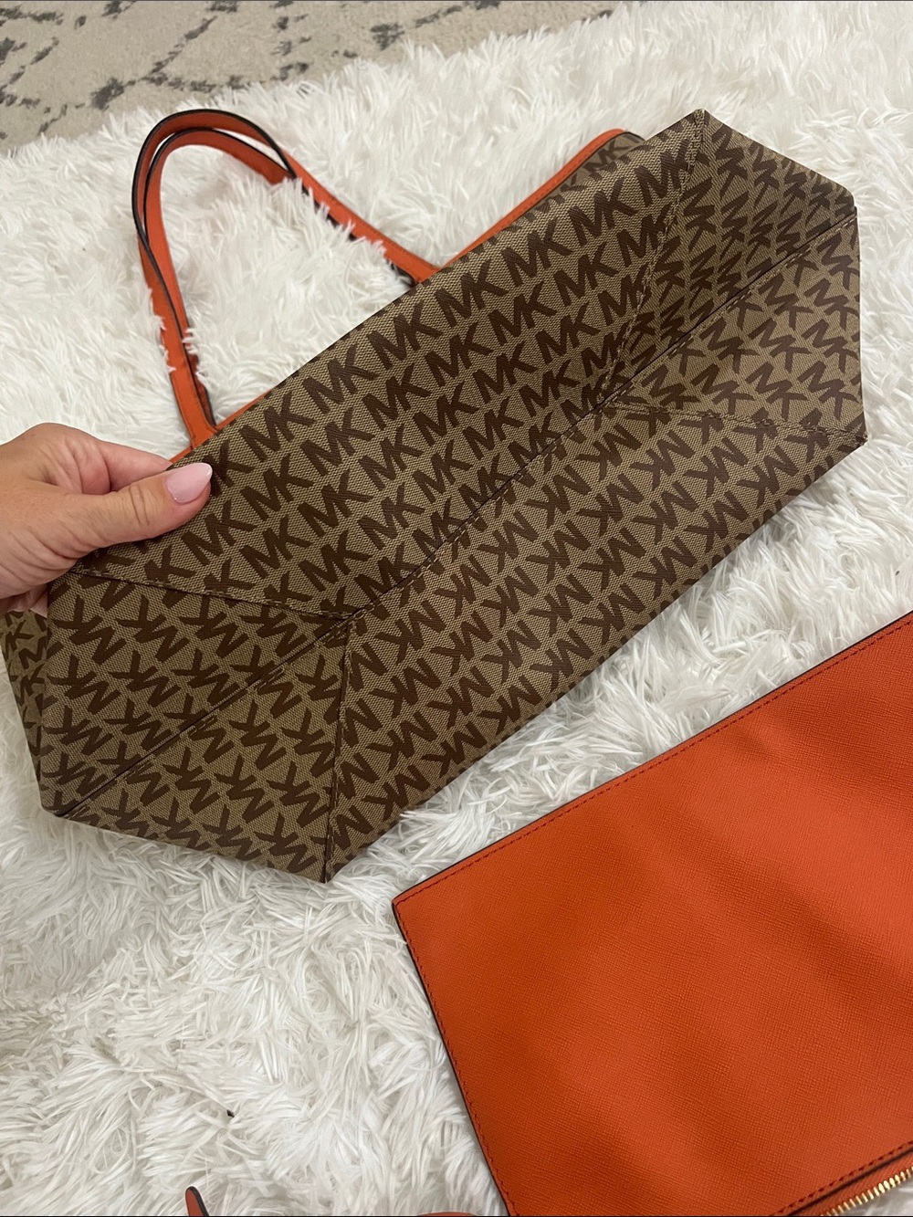 Michael Kors Brown MK Logo Tote with Orange Trim - Picture 6 of 6